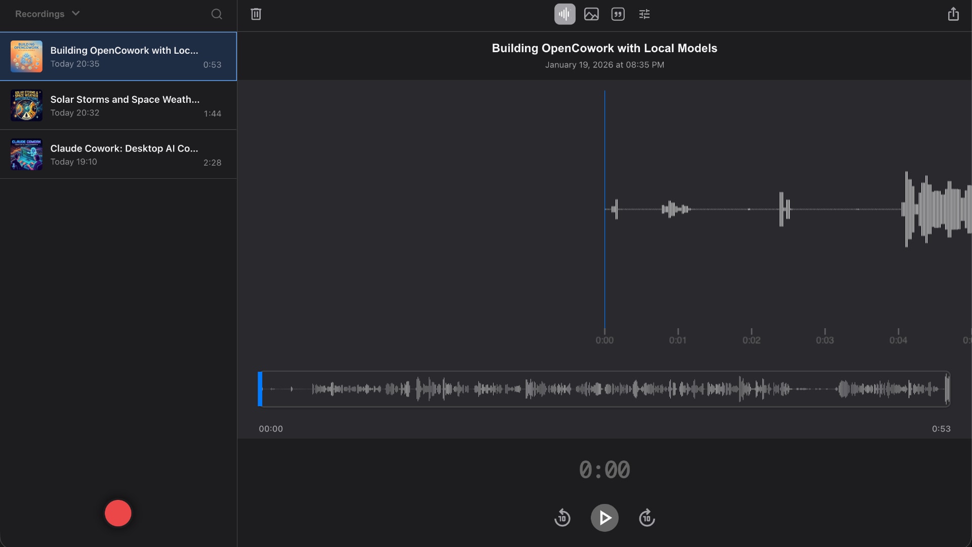 Playback with scrubbable waveform and synced transcript
