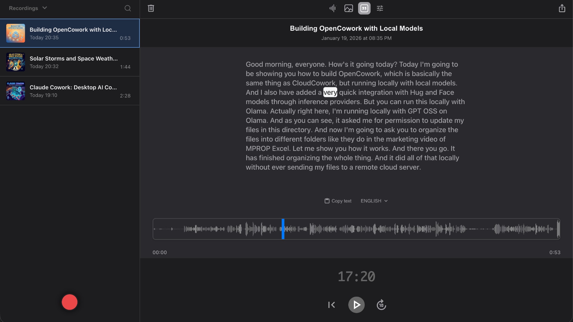 Export options for sharing the recording
