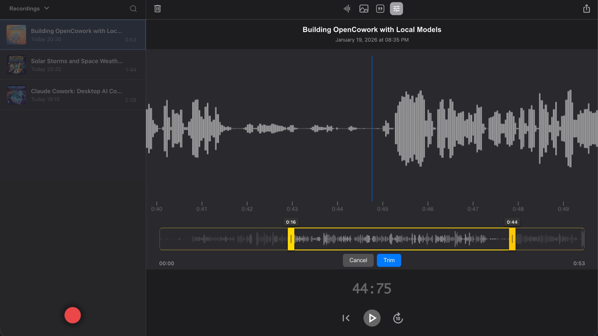 Trim view with drag handles around a section of waveform